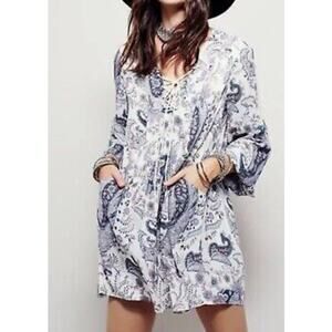 Free People Rain Or Shine Lace up Mini Dress Ivory Comb sz Small  $128